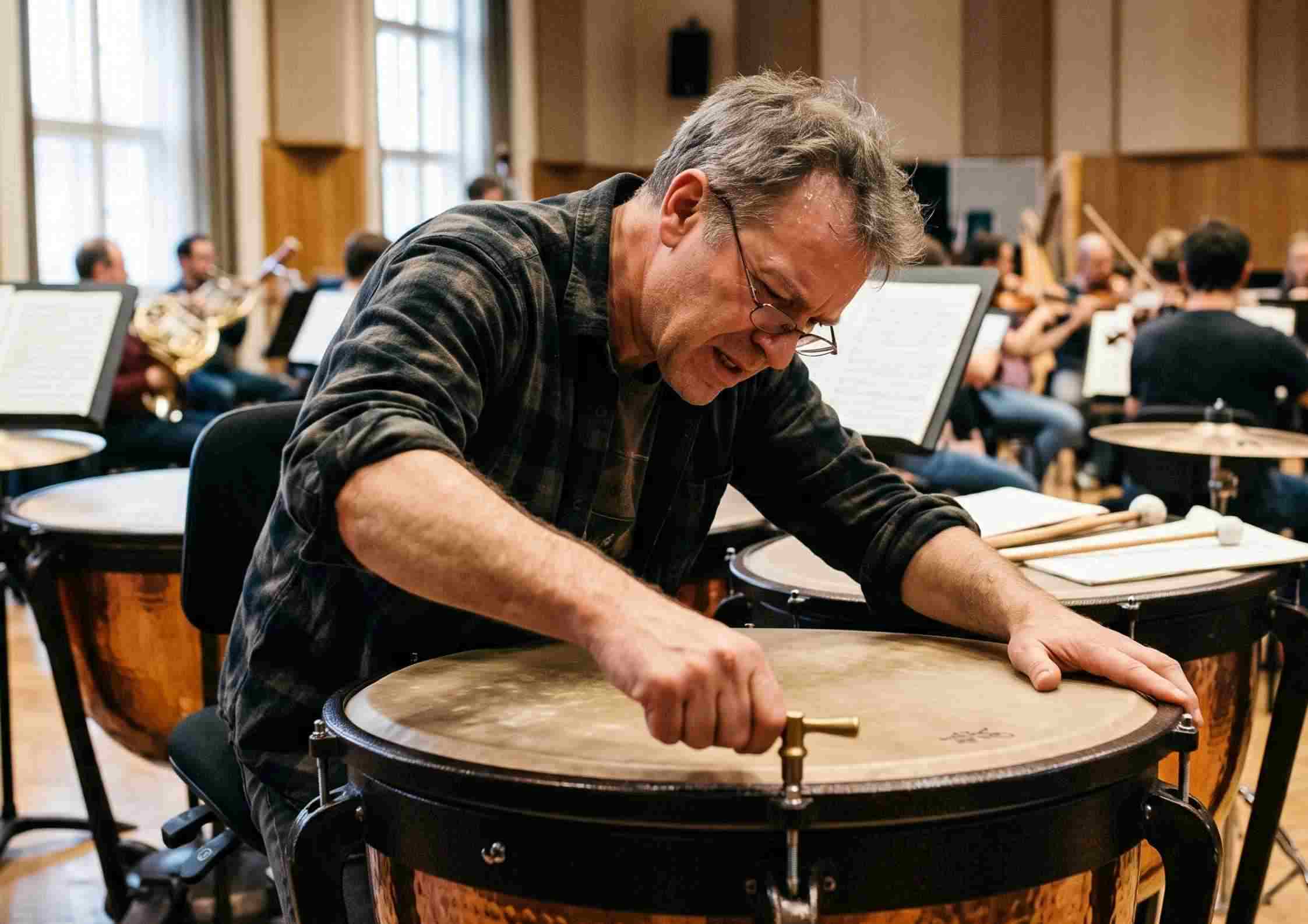 A percussionist tuning timpani mid-rehearsal, visibly pushing through despite just getting back on the new season.. A percussionist tuning timpani mid-rehearsal, visibly pushing through despite just getting back on the new season..
