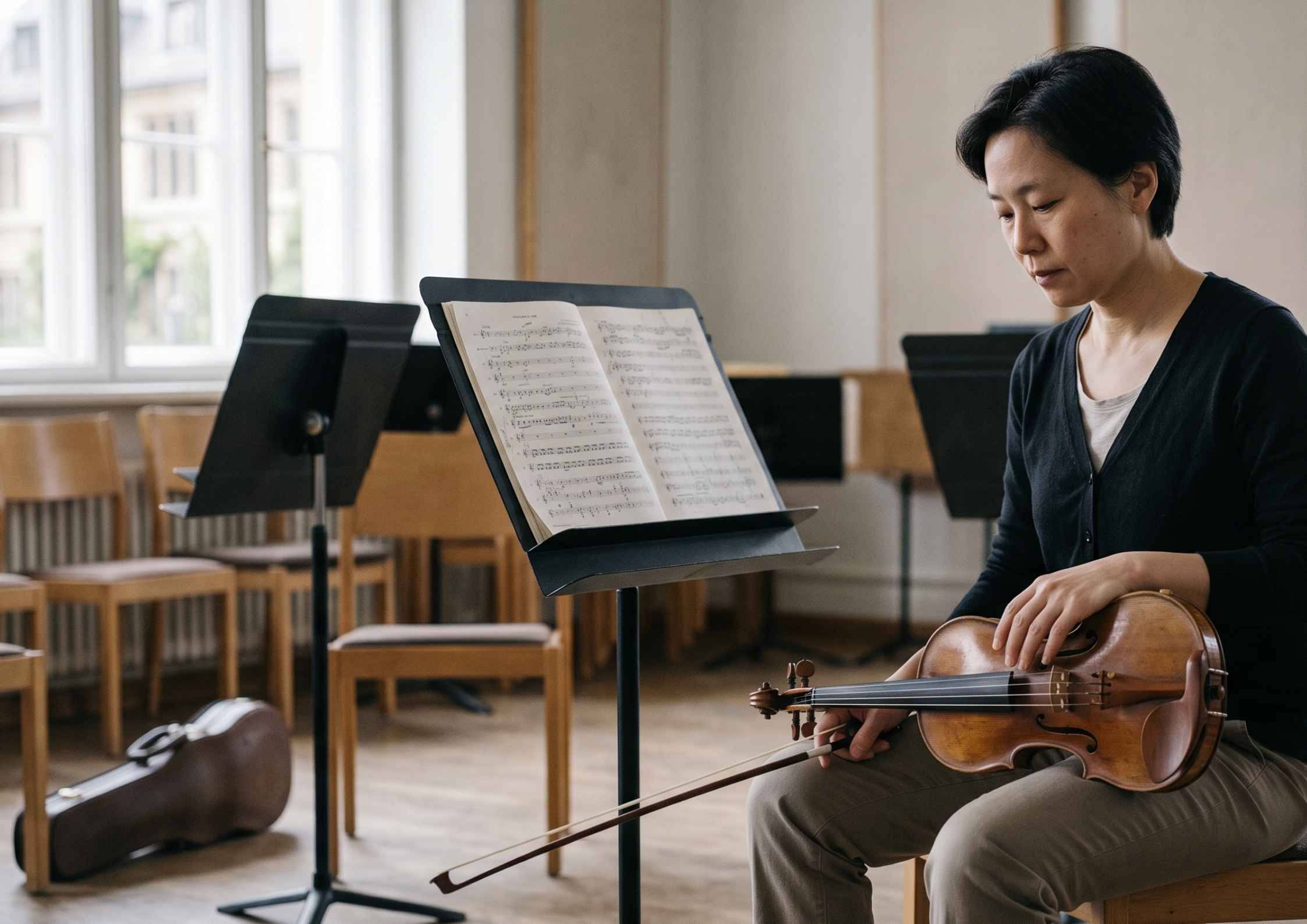 A violinist sitting alone in an empty rehearsal room with the violin lowered to the lap, looking down and away from the music stand. A violinist sitting alone in an empty rehearsal room with the violin lowered to the lap, looking down and away from the music stand.