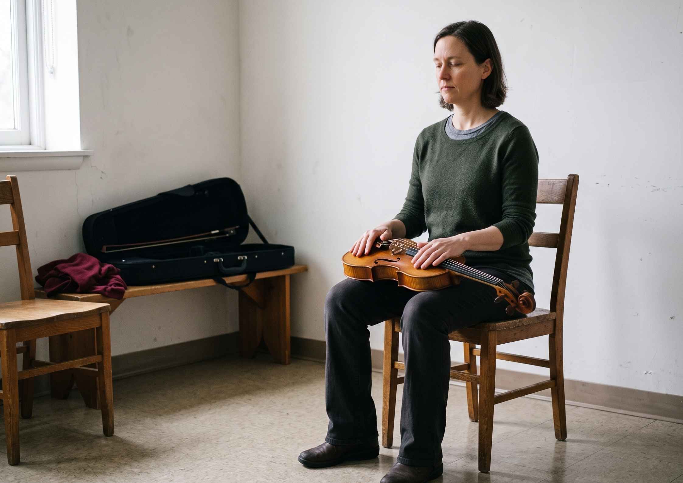A violist sitting upright on a plain chair with the viola resting across the lap and both hands still on the thighs. A violist sitting upright on a plain chair with the viola resting across the lap and both hands still on the thighs.