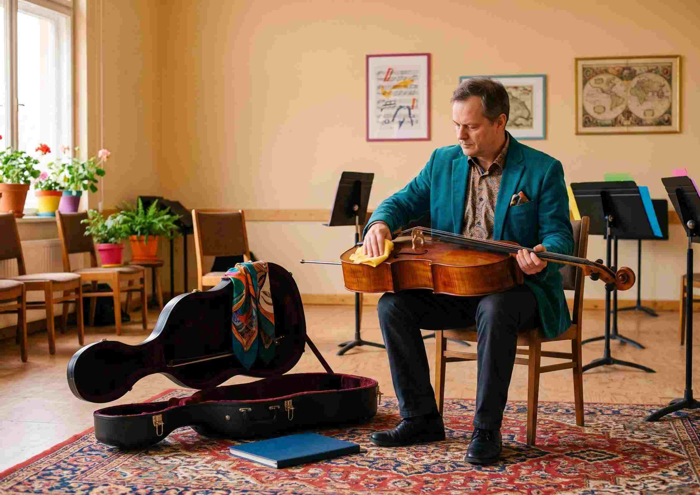 A cellist wiping rosin from the strings after rehearsal with an open case on the floor beside them.