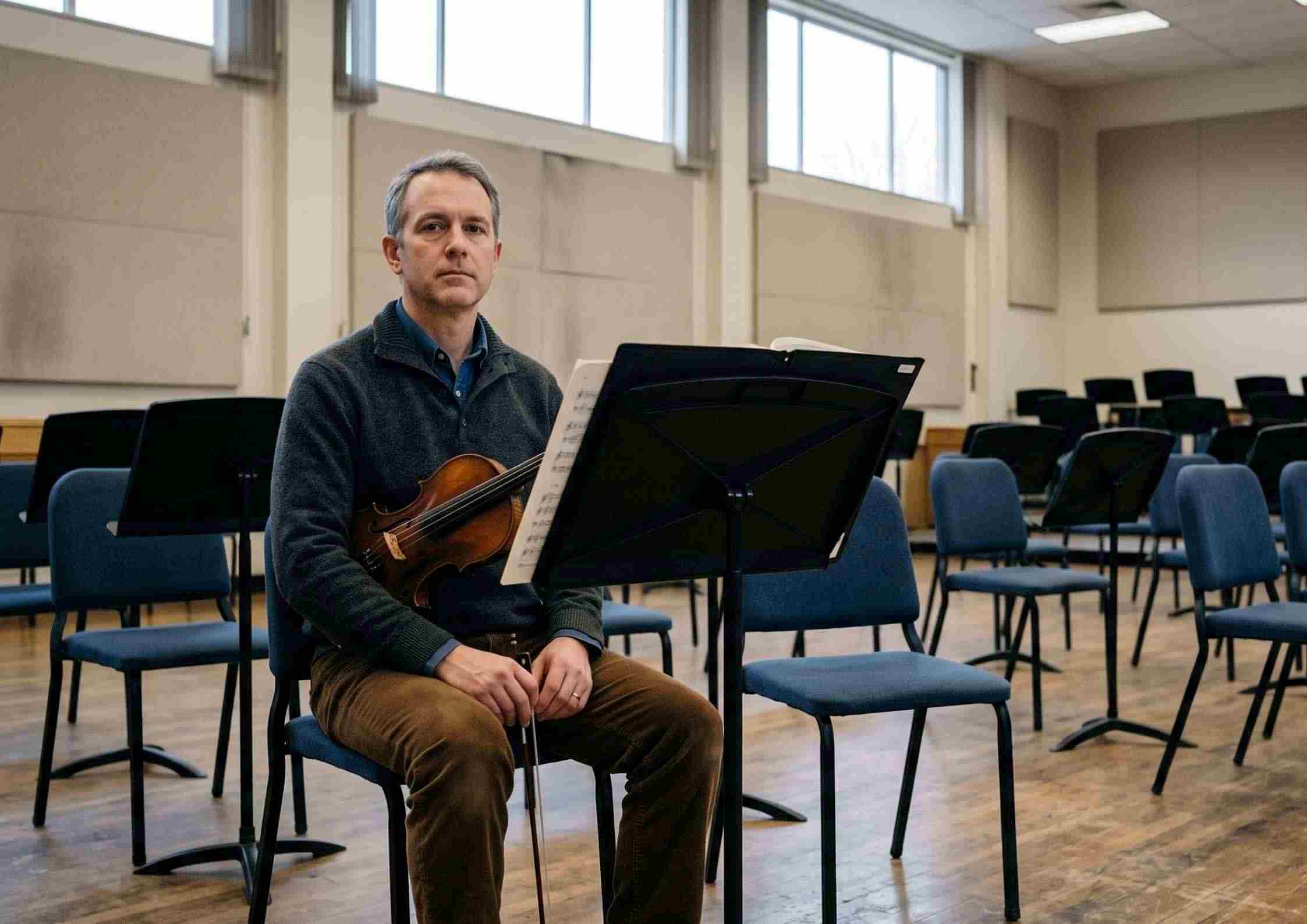 A violinist seated alone at a desk stand in a large rehearsal room before the rest of the orchestra arrives.