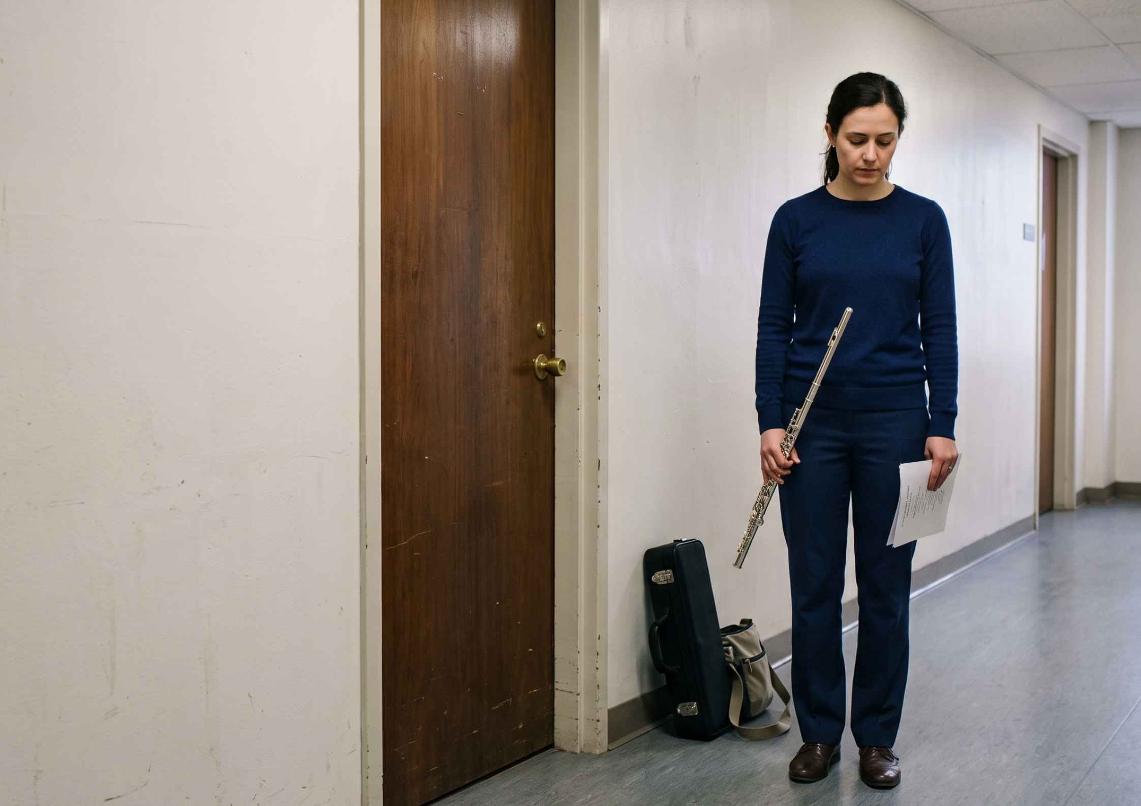 A flautist waiting alone in a corridor outside a closed audition room door, instrument held down at their side.
