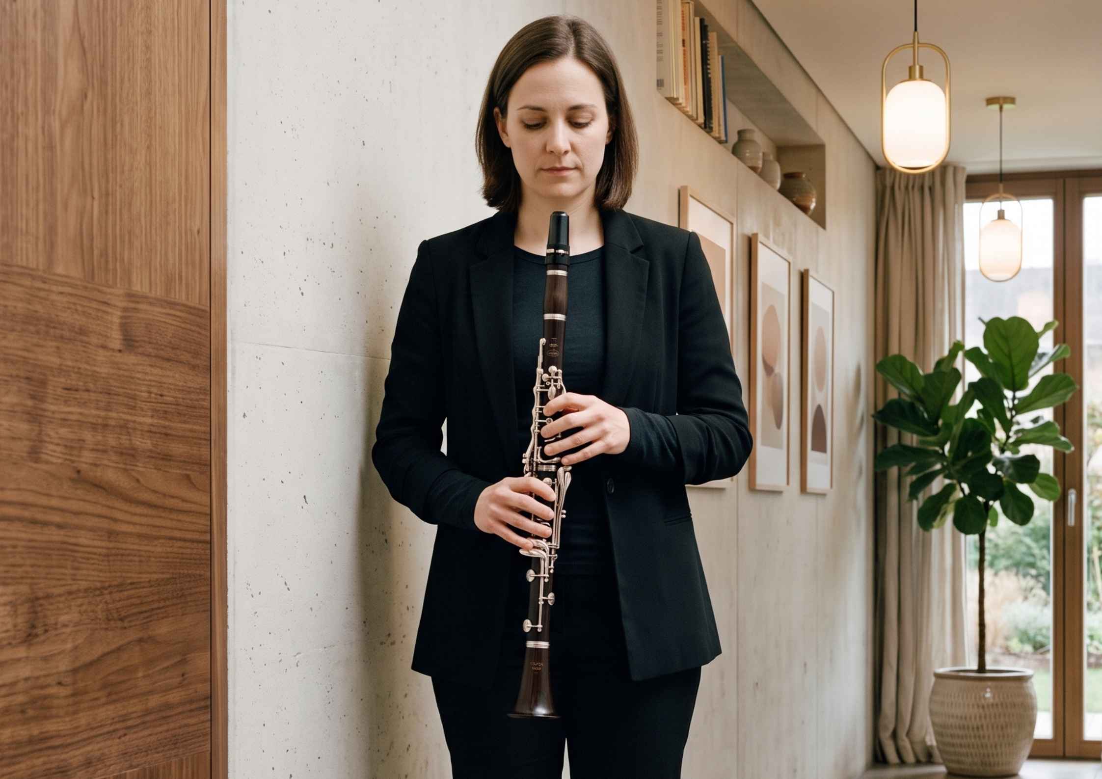 A clarinettist standing against a corridor wall with both feet flat on the floor and the instrument held in front of them.