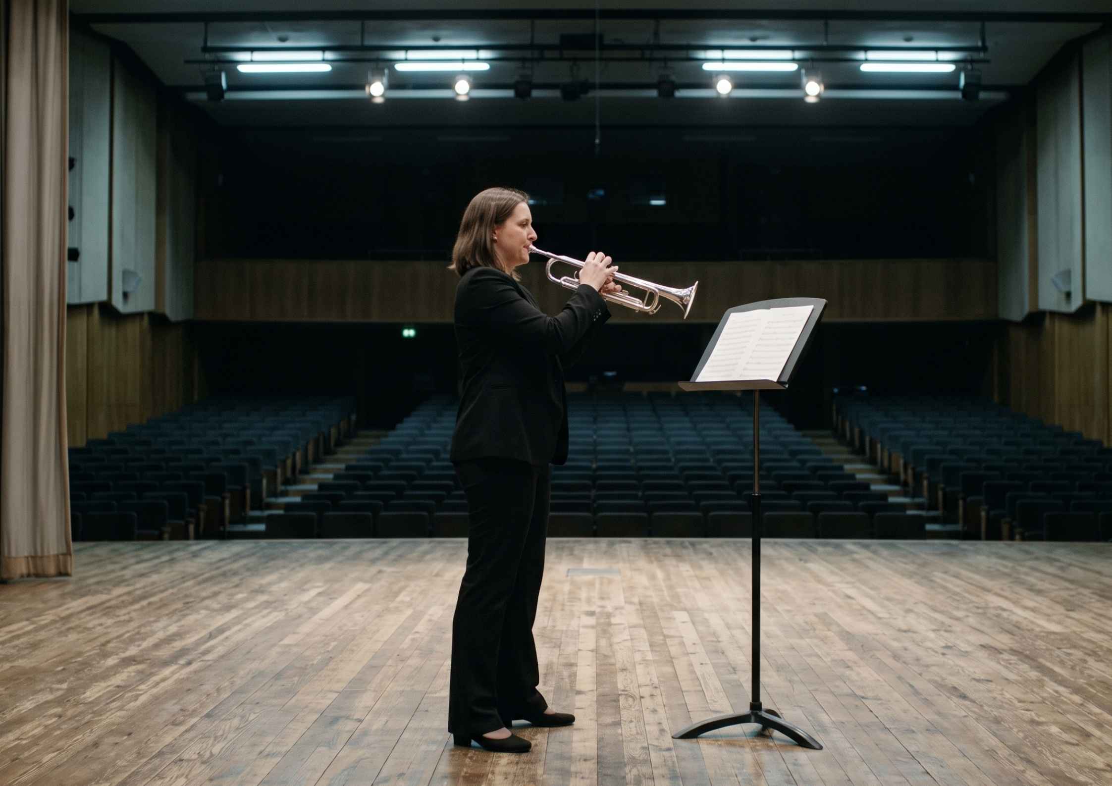 A trumpeter alone on a bare stage under work light, raising the instrument in front of a music stand.