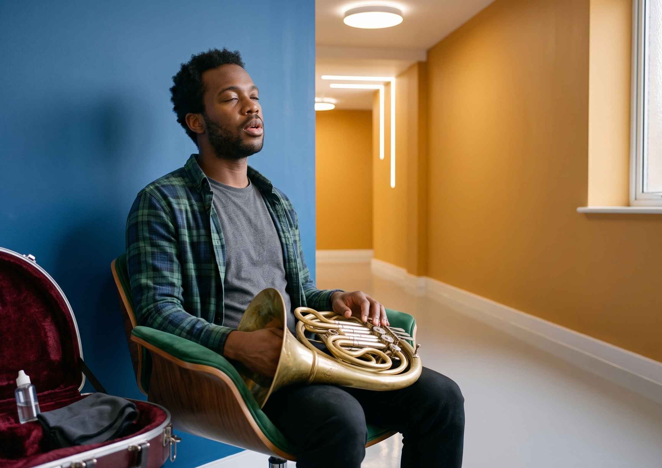 A horn player sits in a warm-up room after his round, his horn resting on his lap, breathing out.