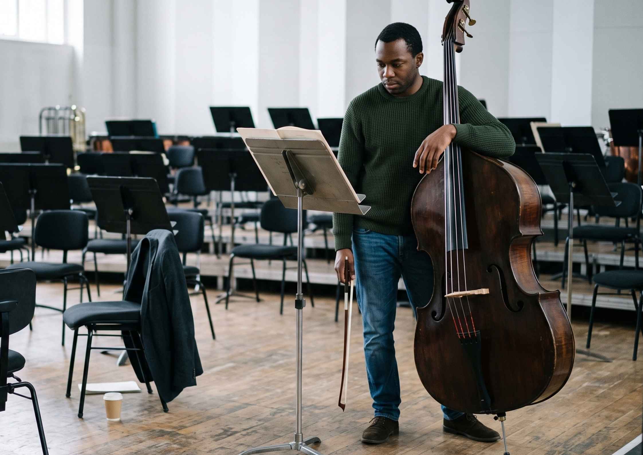 A double bassist leans on his instrument in an empty rehearsal hall during the break, looking at his part.