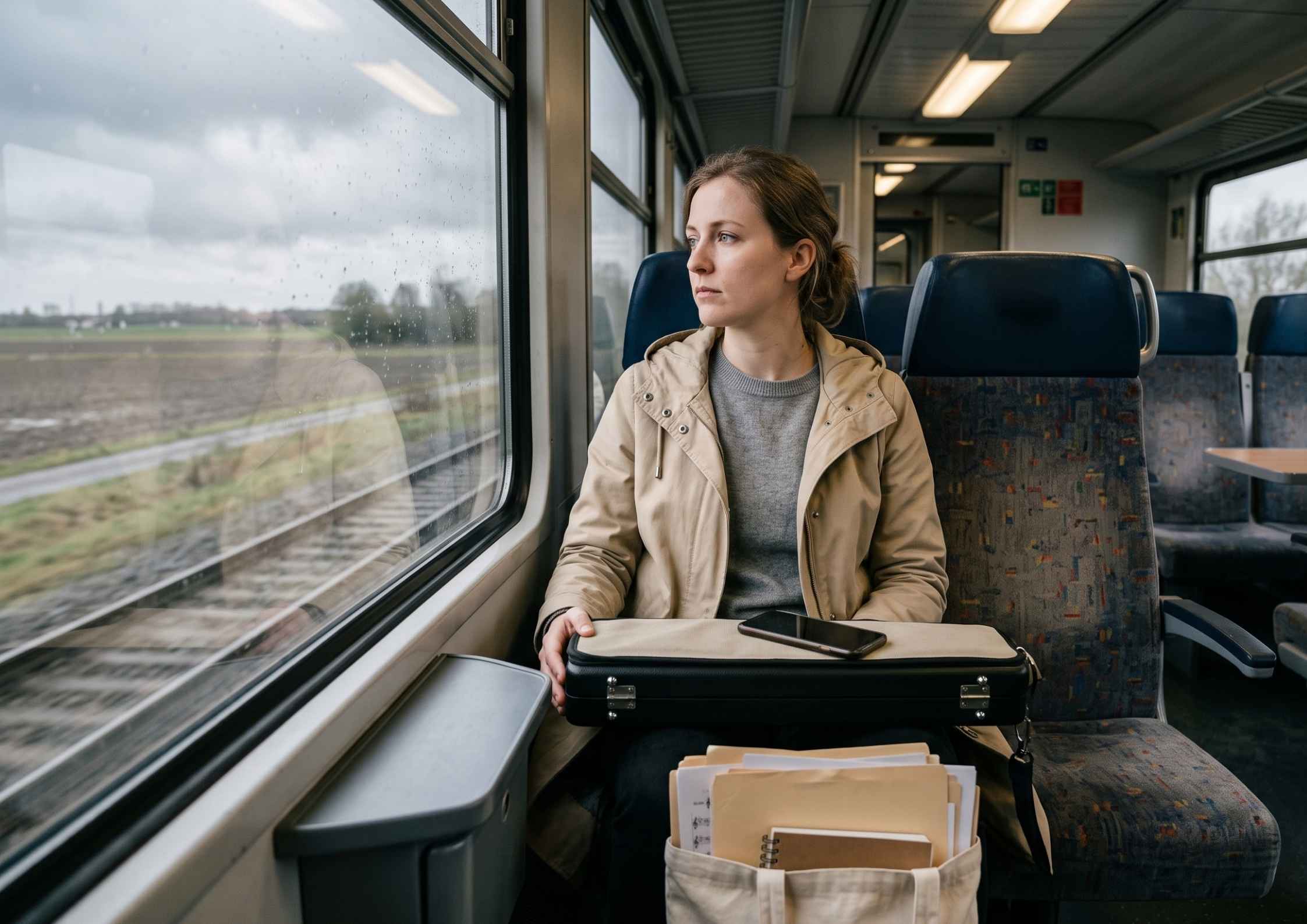 A flautist sits on a train with her flute case on her lap, looking out of the window on her way to an audition.