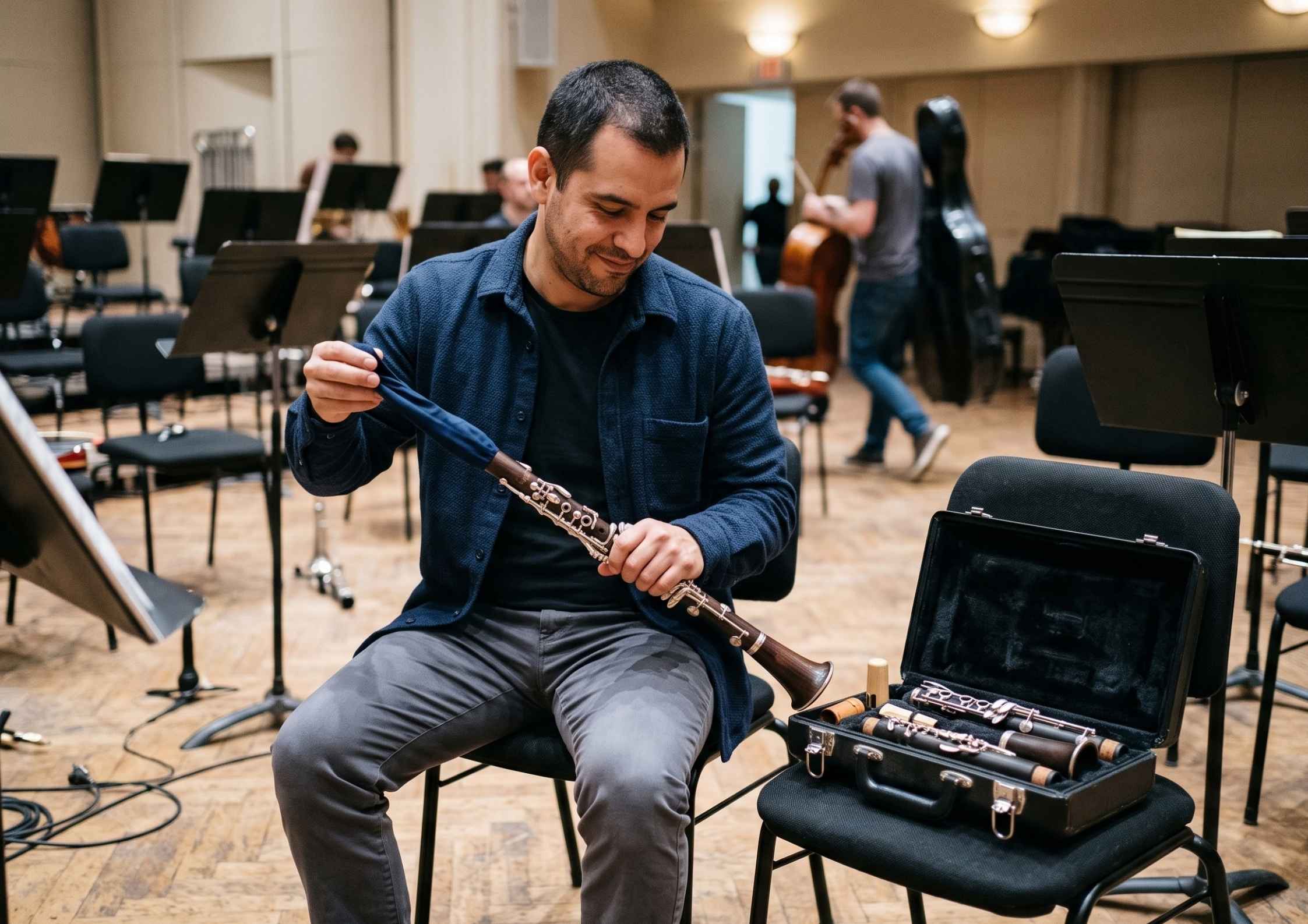 A clarinettist dries his clarinet with a pull-through after rehearsal, half smiling.