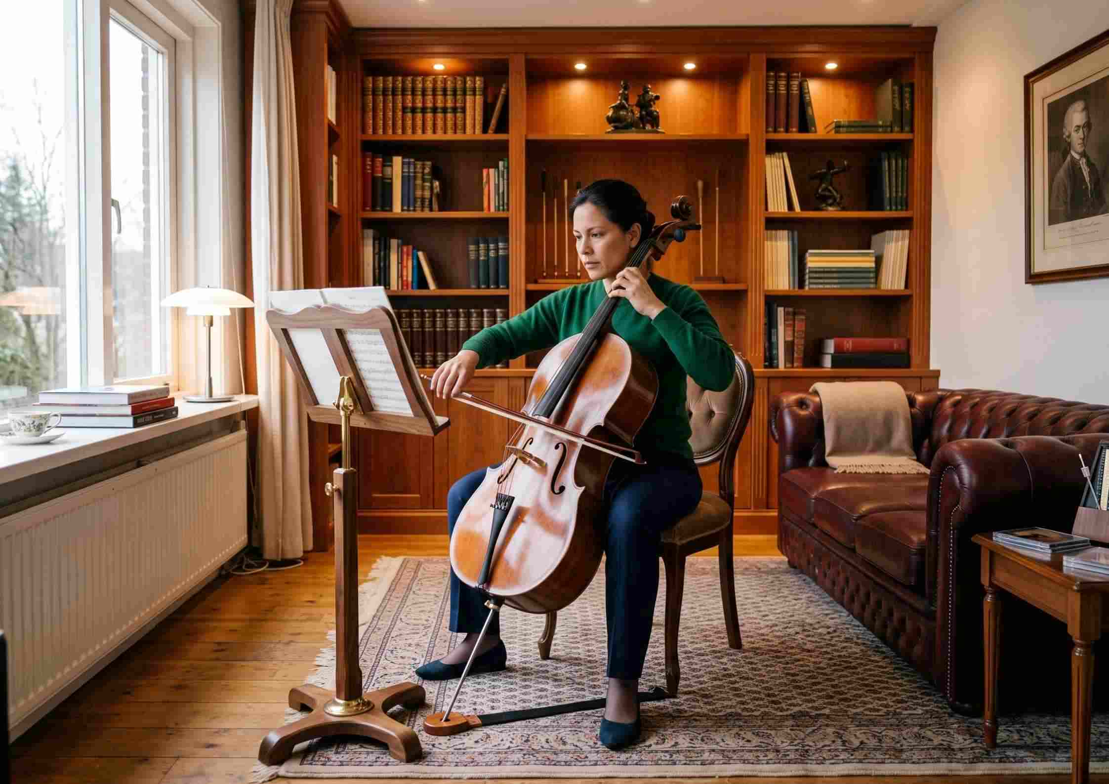 A cellist plays alone in a messy room, a plain unmarked page on the stand, simply working.