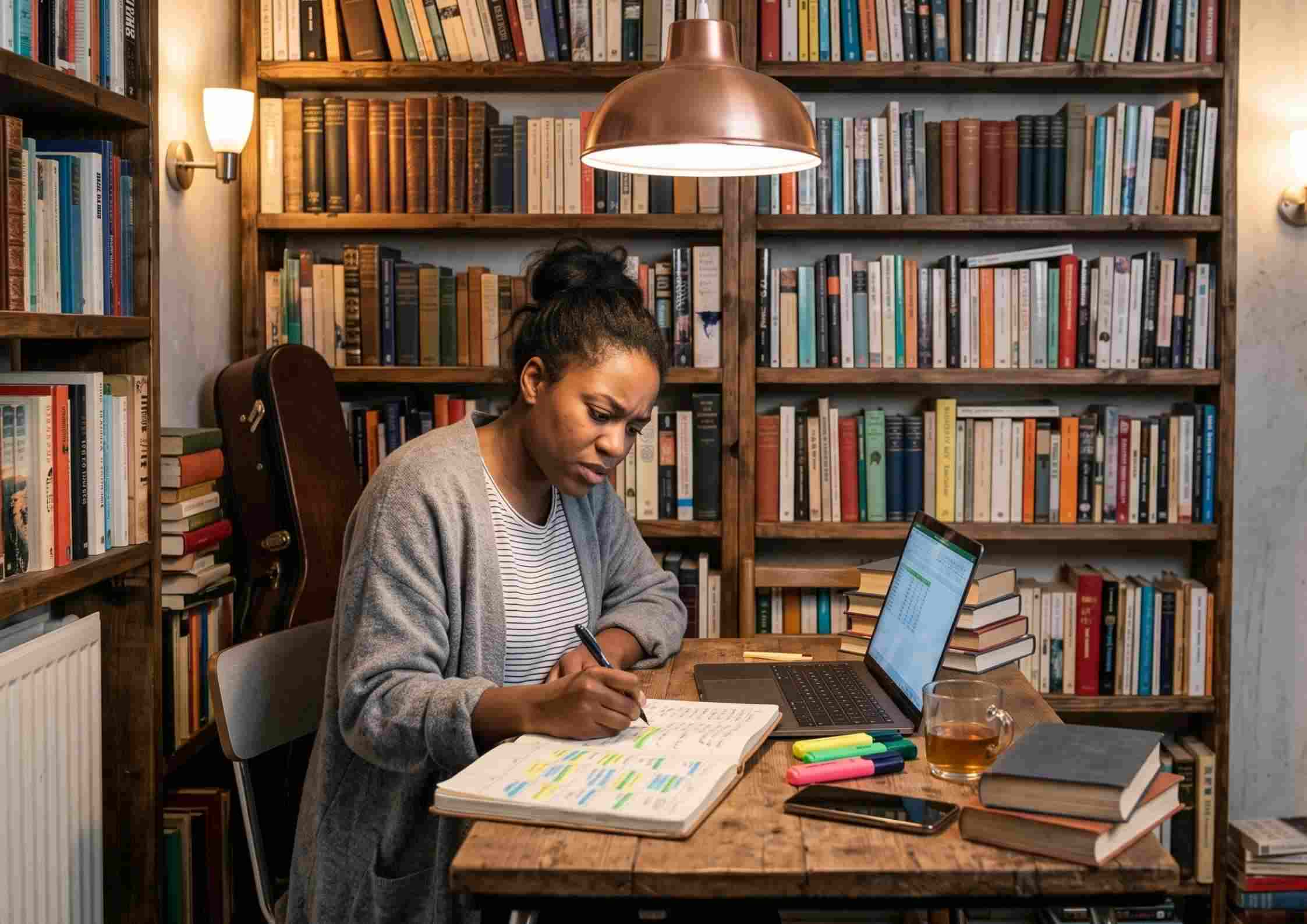 A violinist sits at a kitchen table late in the evening, rewriting a colour-coded practice plan, her violin case still closed.