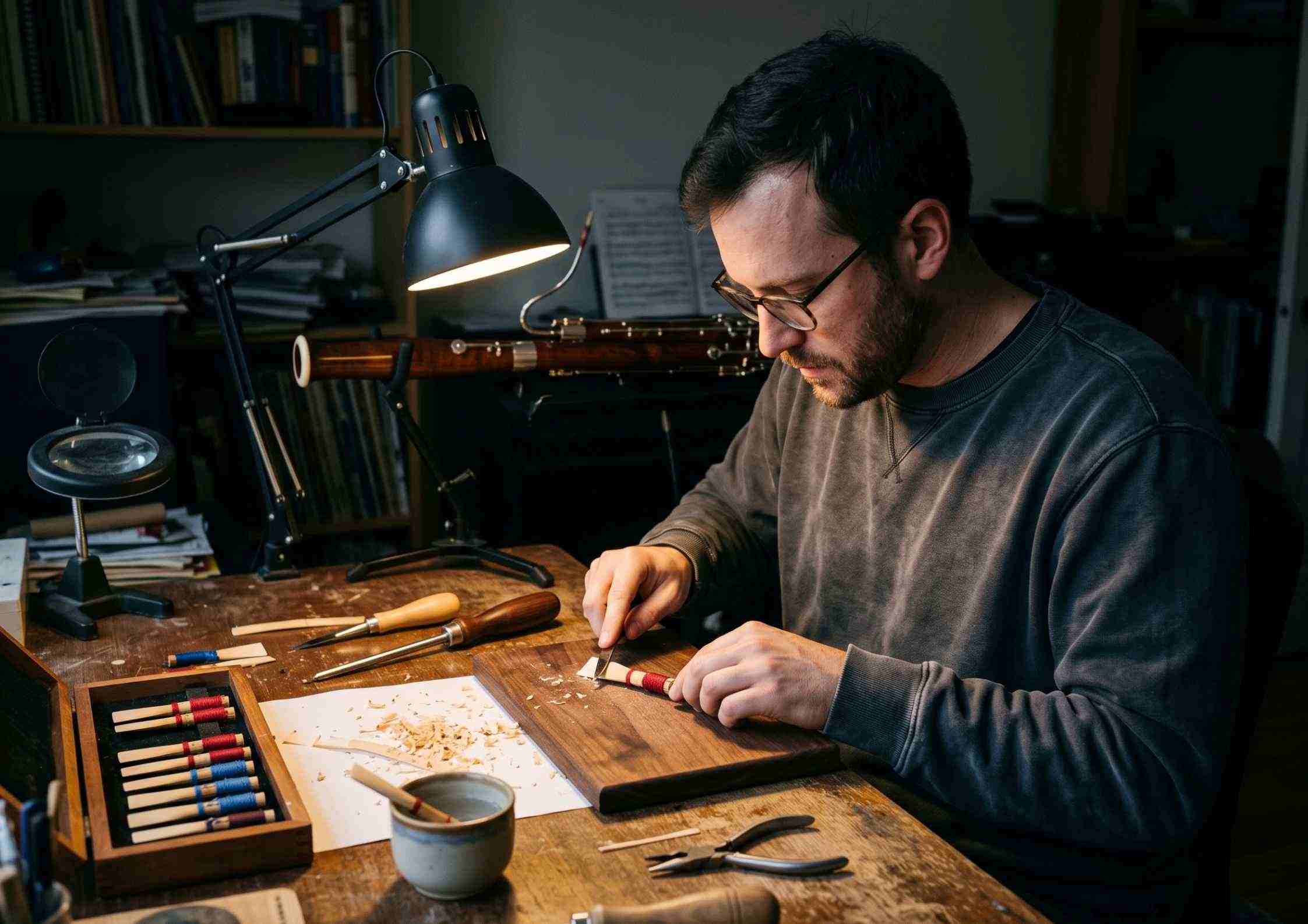 A bassoonist bends over a desk lamp, scraping a reed with a knife late at night.