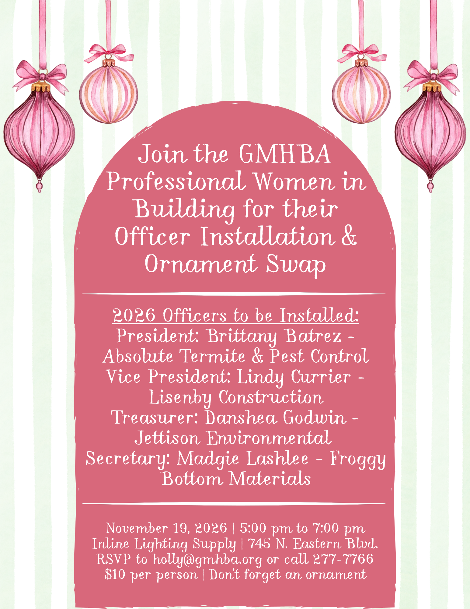 GMHBA Professional Women in Building Officer Installation and Ornament Swap event graphic