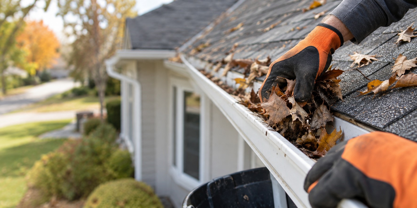 Illustration of leaves being removed from a gutter