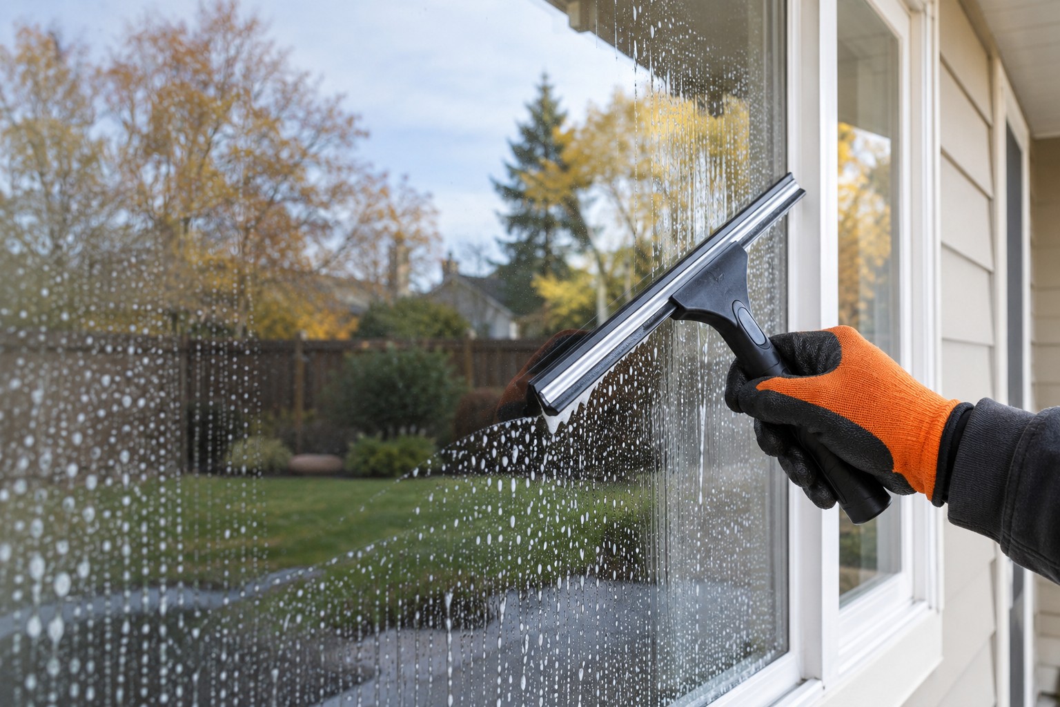 Illustration of exterior window cleaning with a squeegee
