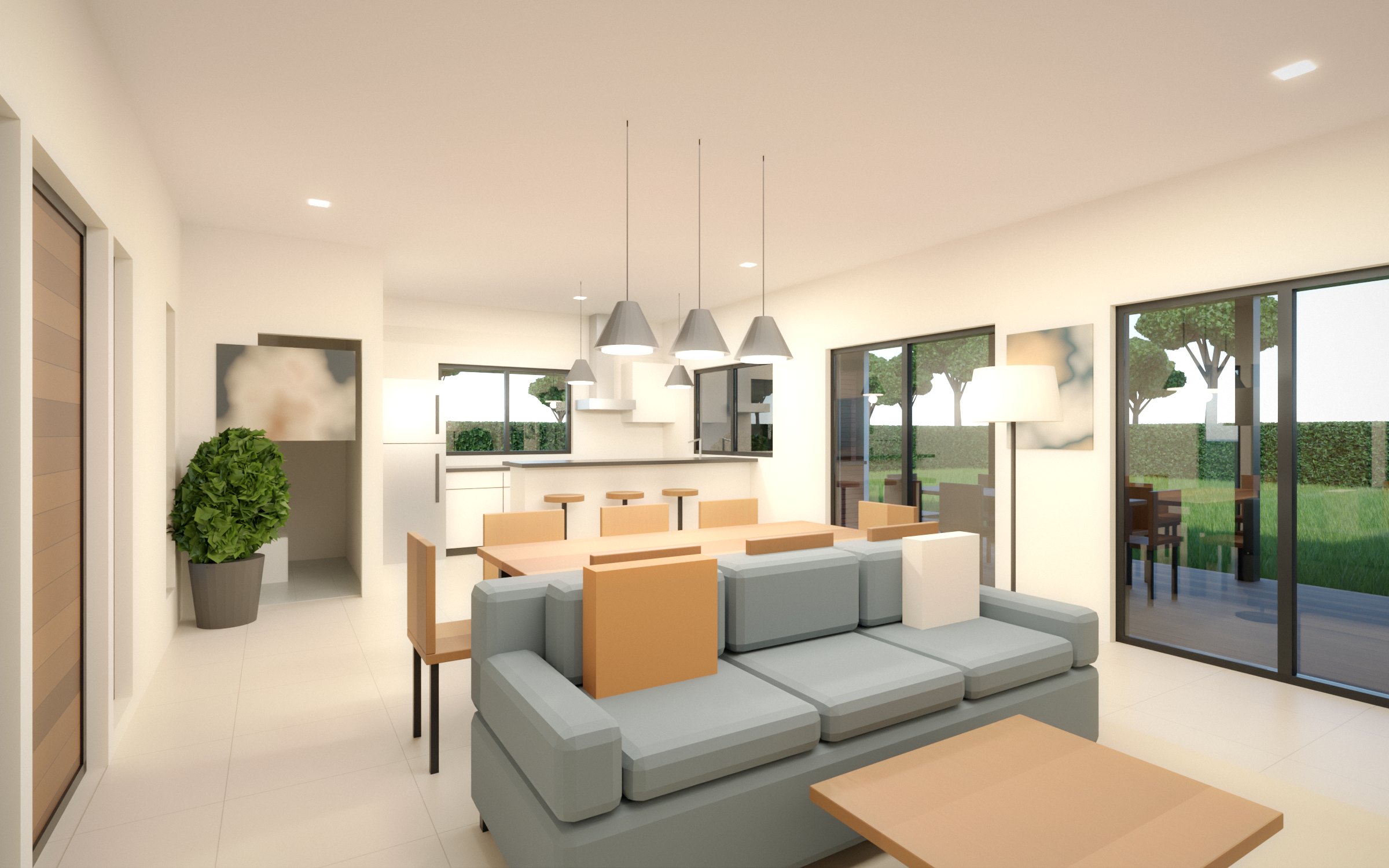 Interior con living, comedor y cocina integrados