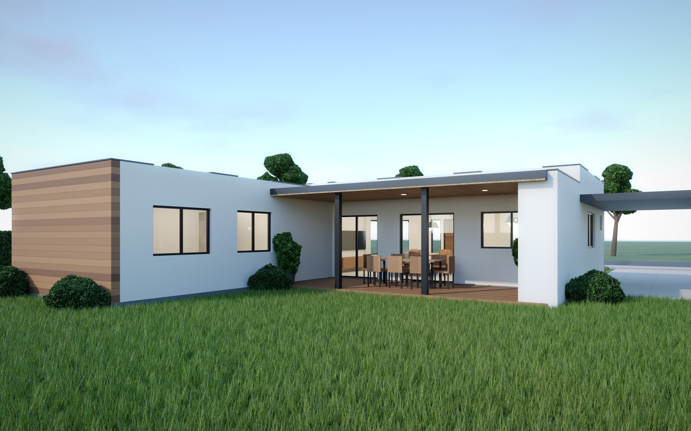 Fondo de la vivienda con galería y deck de madera
