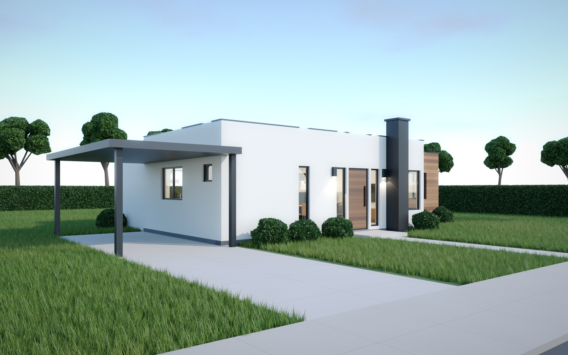 Render de una vivienda de una planta con fachada blanca, revestimiento de madera y cochera