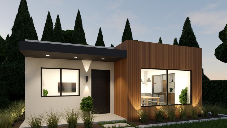 Vivienda de 77 m² con fachada blanca y revestimiento de madera, vista desde el frente al atardecer