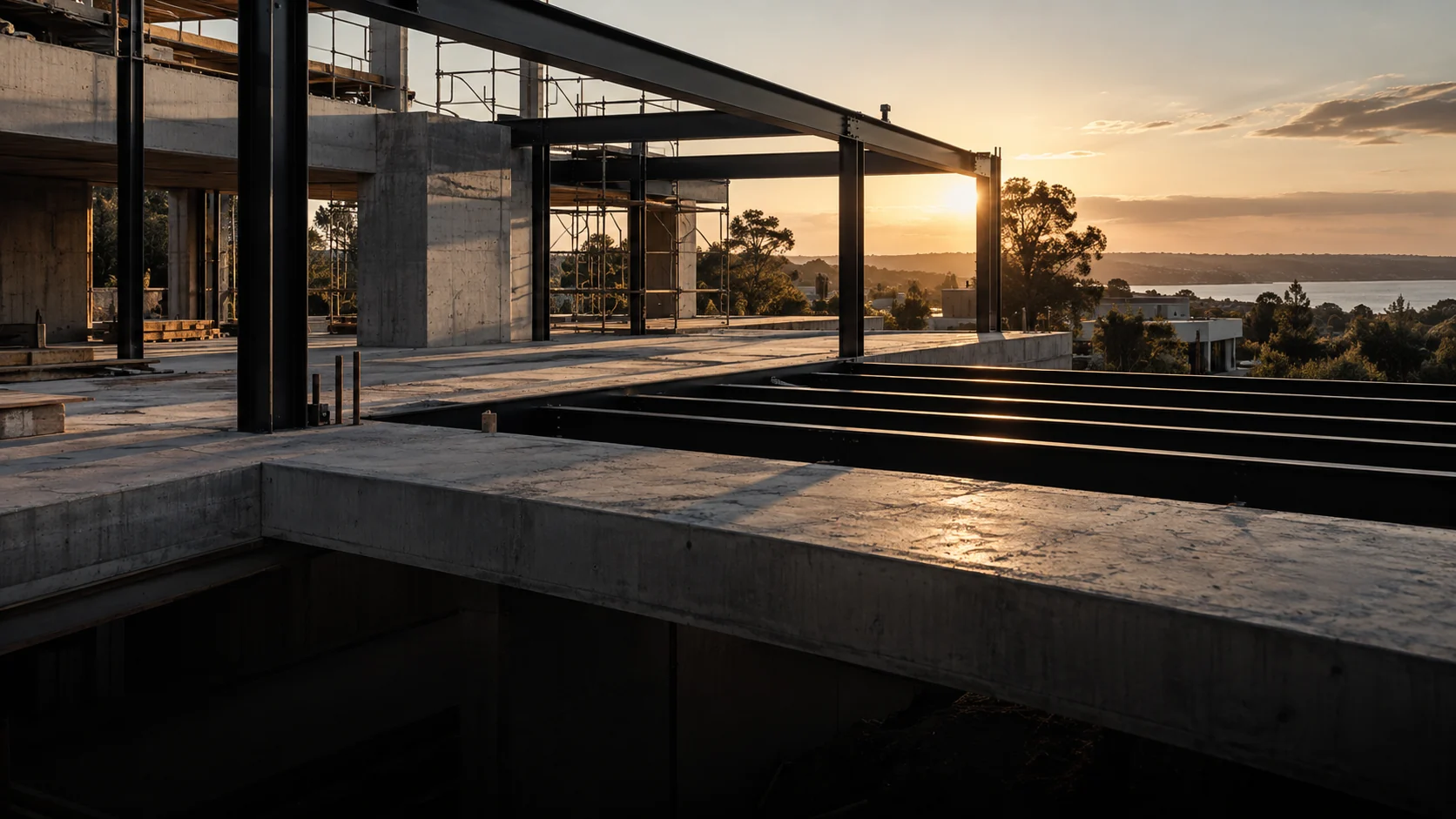 Visual conceptual de una estructura en construcción al atardecer