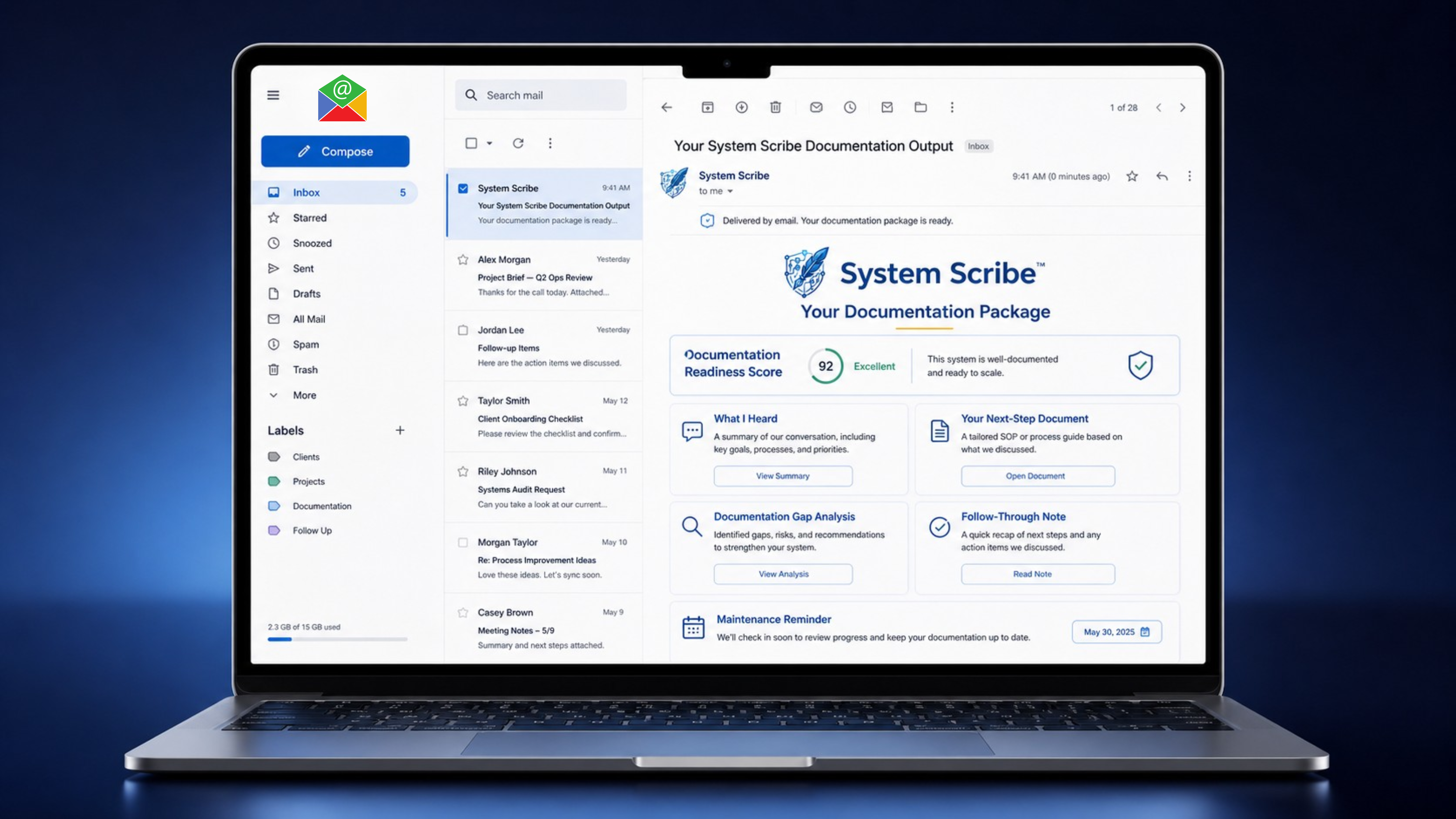 System Scribe™ output — a structured action plan and SOP document delivered via email