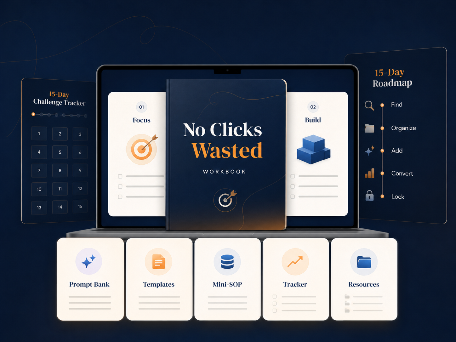 Preview of the No Clicks Wasted 15-Day Challenge tracker dashboard, showing a course-style grid of daily lessons