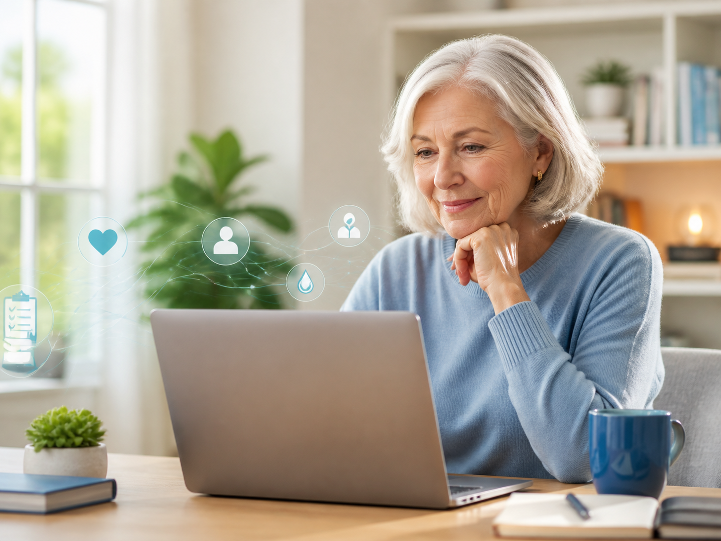 An older adult thoughtfully exploring information on a laptop