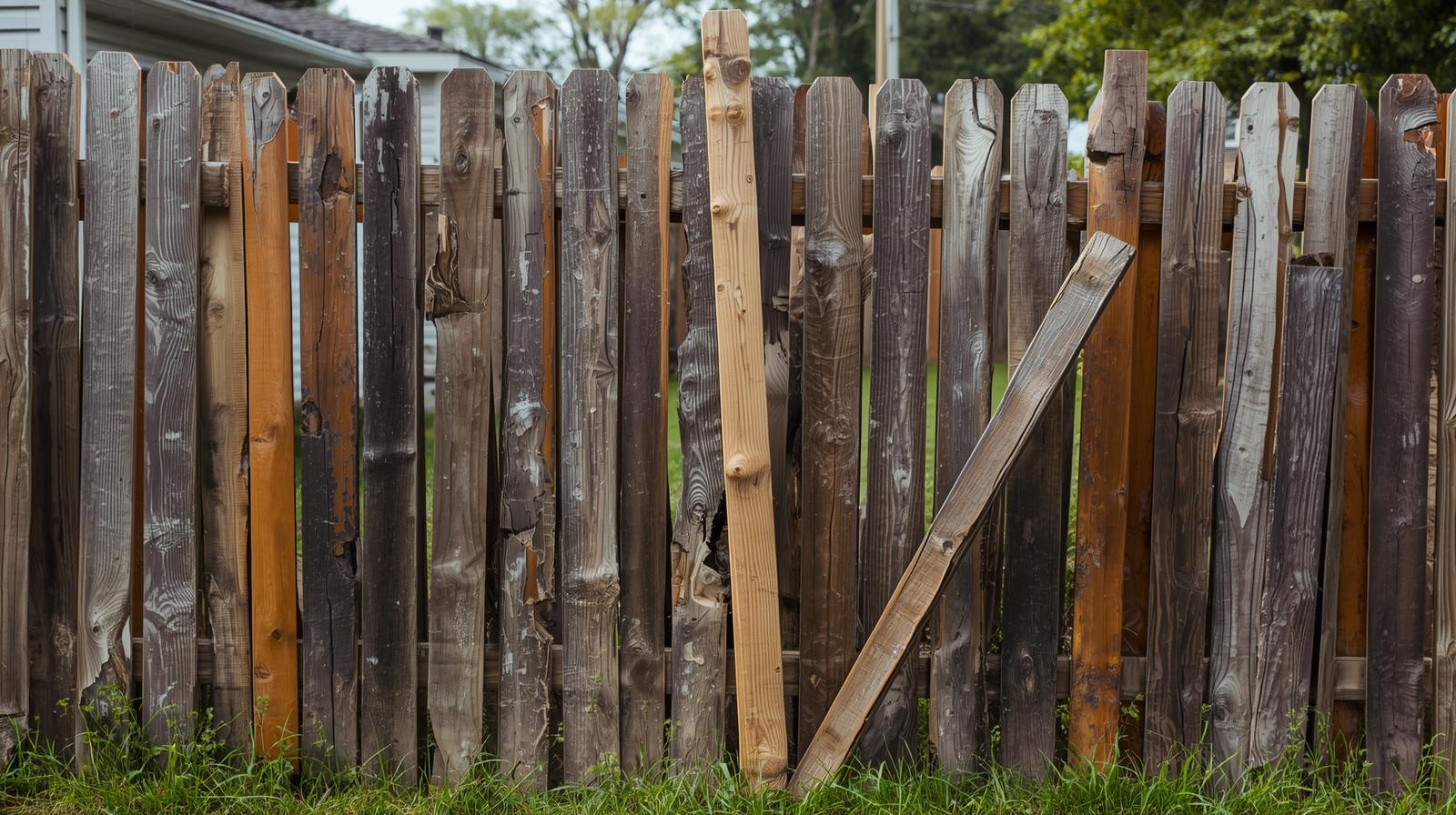 Storm and wind damage to residential wood privacy fence in Rockford IL showing leaning posts and broken fence panels.