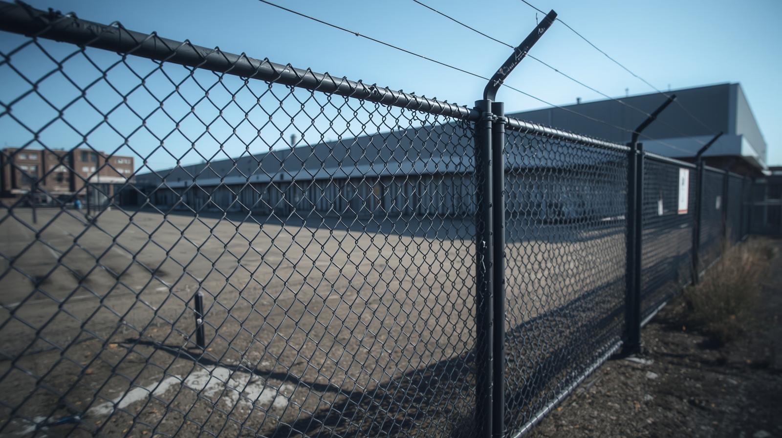 Commercial security fence installation in Rockford IL featuring chain link fencing with barbed wire for business property protection.