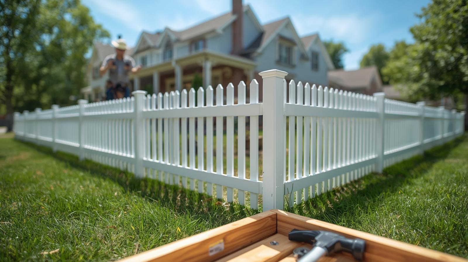 Professional fence contractor installing posts and leveling panels in Rockford, IL backyard