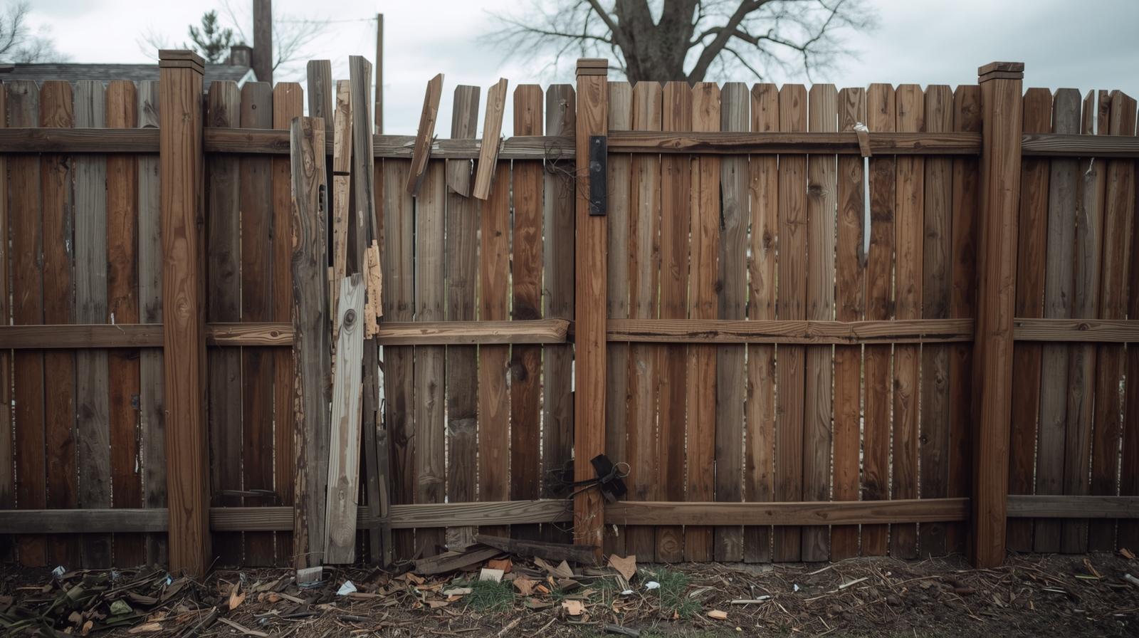 Storm-damaged fence in Rockford IL with fallen panels and leaning posts requiring professional repair.