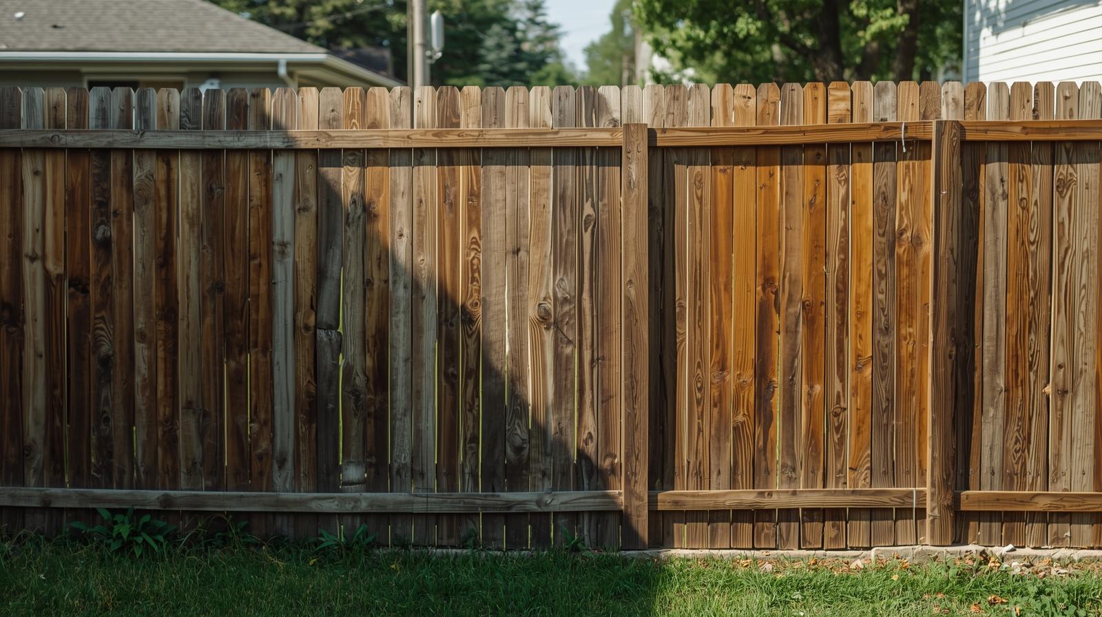 Old damaged wood fence in Rockford IL showing leaning posts and broken panels needing replacement. Old damaged wood fence in Rockford IL showing leaning posts and broken panels needing replacement.