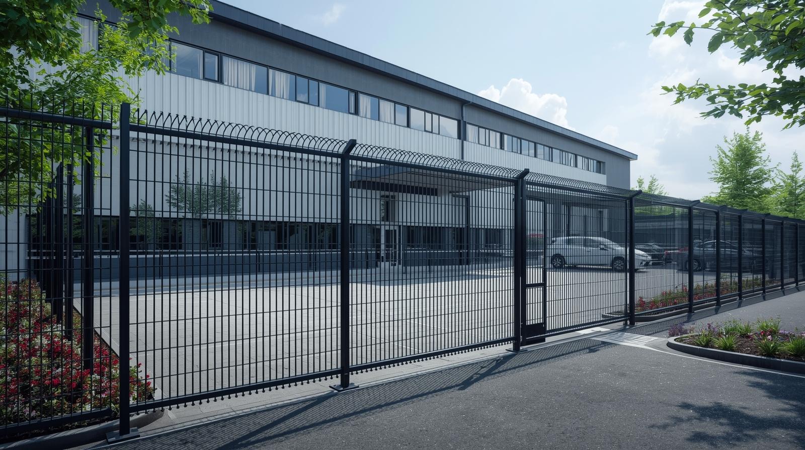 Commercial security fencing installed around business property with controlled access gate. Commercial security fencing installed around business property with controlled access gate.