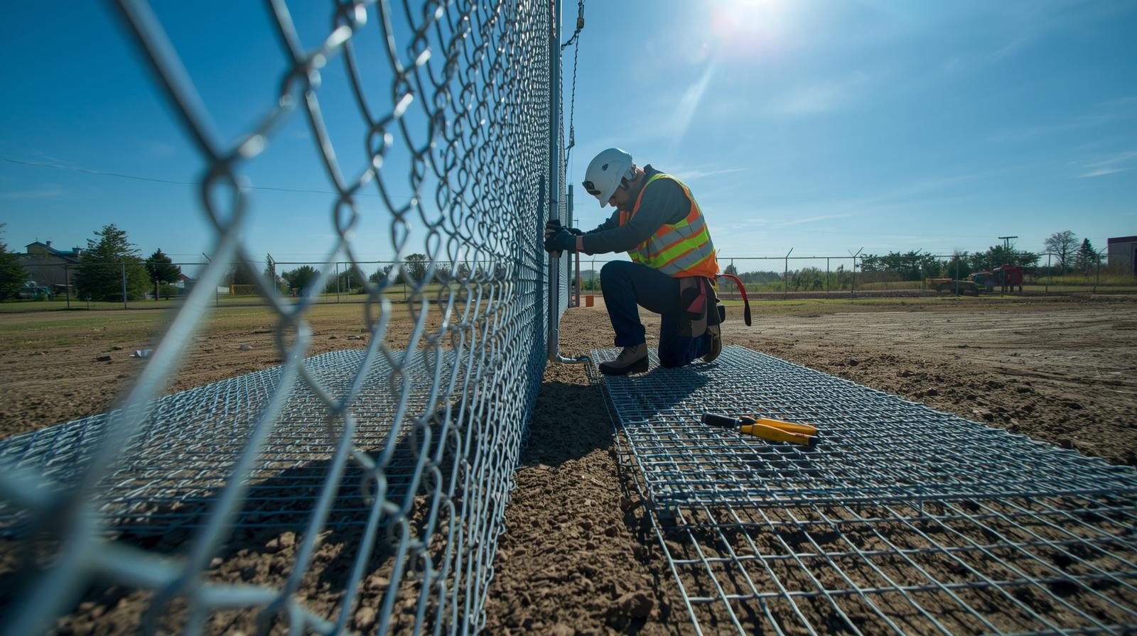 Chain link fence installation process showing posts set in concrete and mesh being stretched into place.