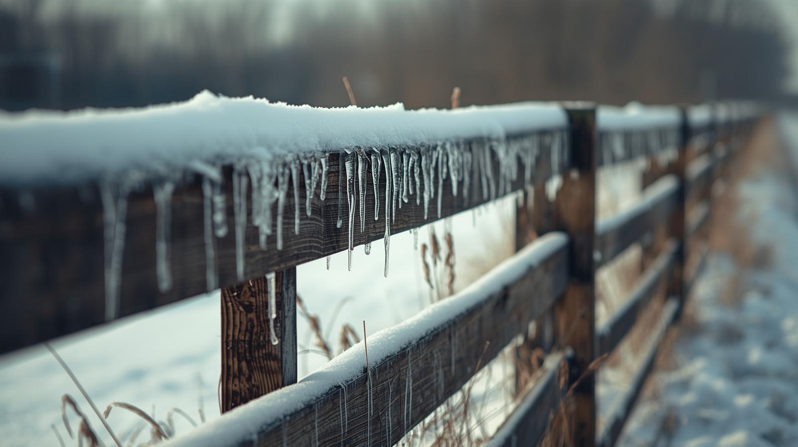 Residential fence in Illinois during winter with snow accumulation.