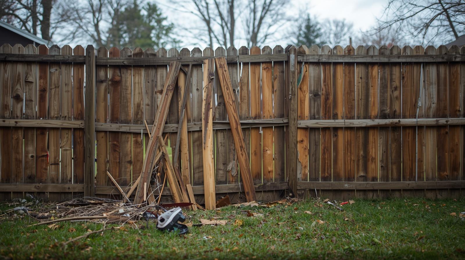 Storm damaged fence in Rockford IL with fallen panels and leaning posts after strong winds.