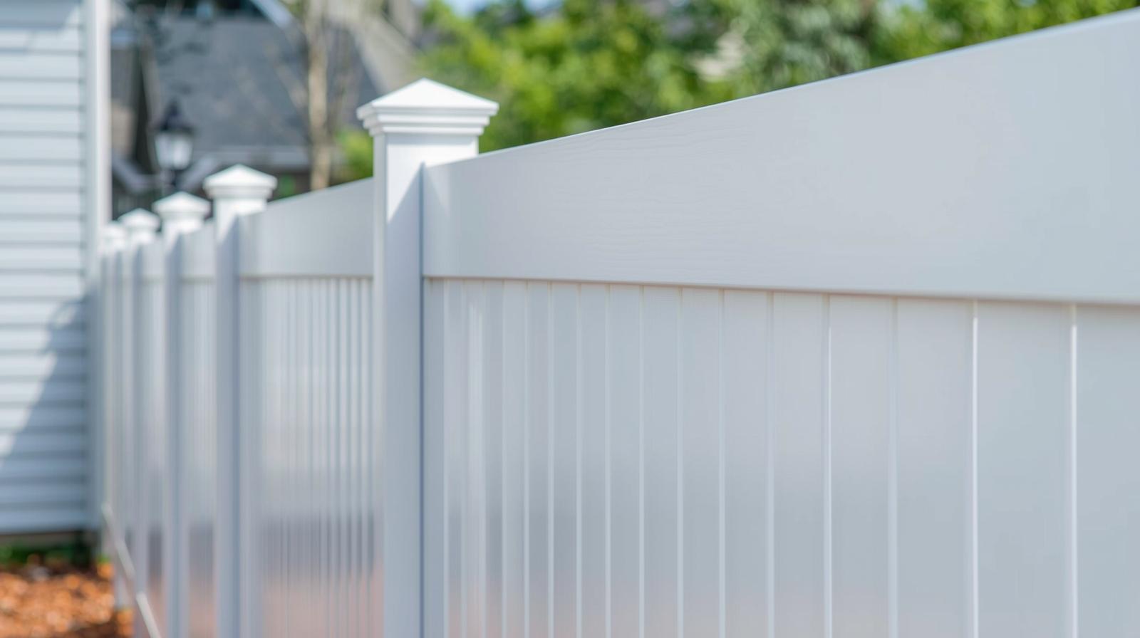 White vinyl privacy fence installation in Rockford IL residential backyard.
