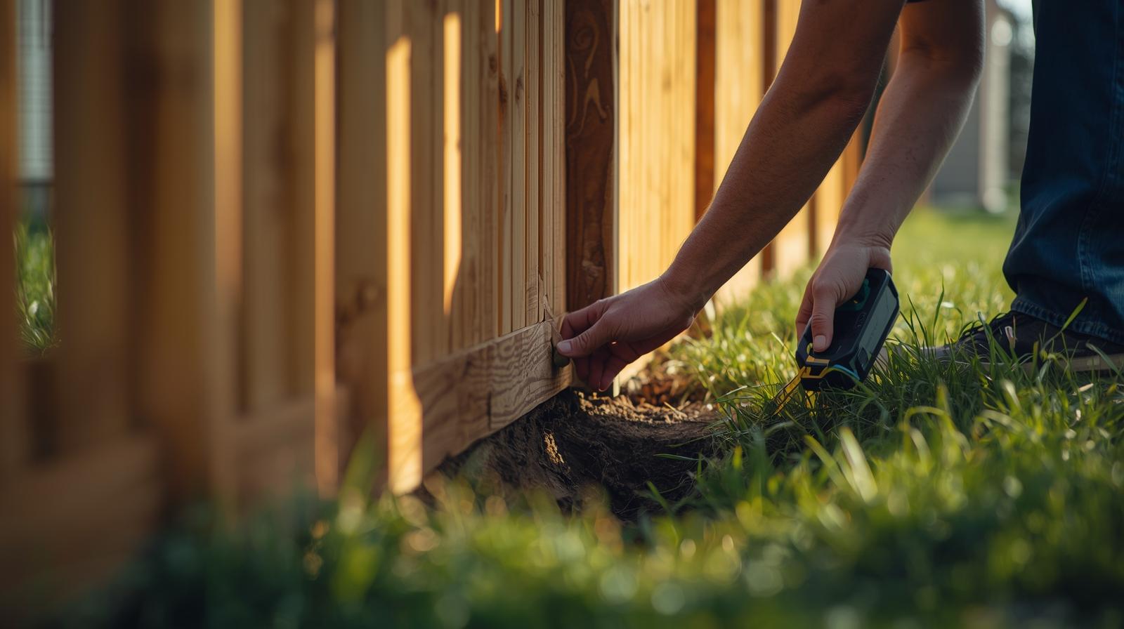 Leaning wood fence in Rockford IL showing damaged posts and repair process. Leaning wood fence in Rockford IL showing damaged posts and repair process.