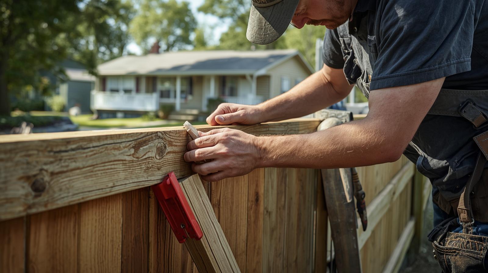 Fence repair project in Machesney Park IL fixing damaged wood fence panels.