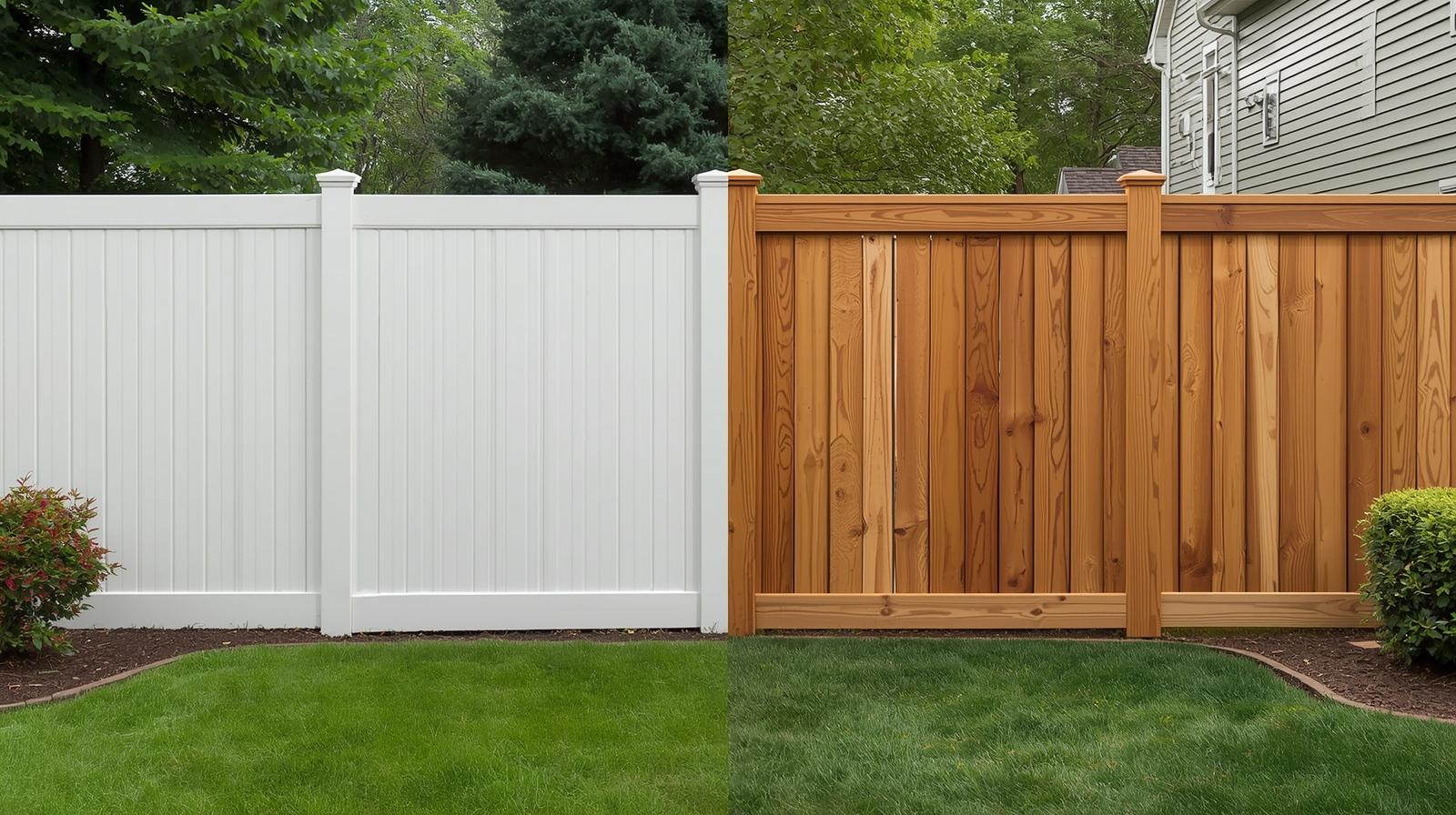 Side-by-side comparison of vinyl fence and wood fence installed in Rockford IL backyard. Side-by-side comparison of vinyl fence and wood fence installed in Rockford IL backyard.