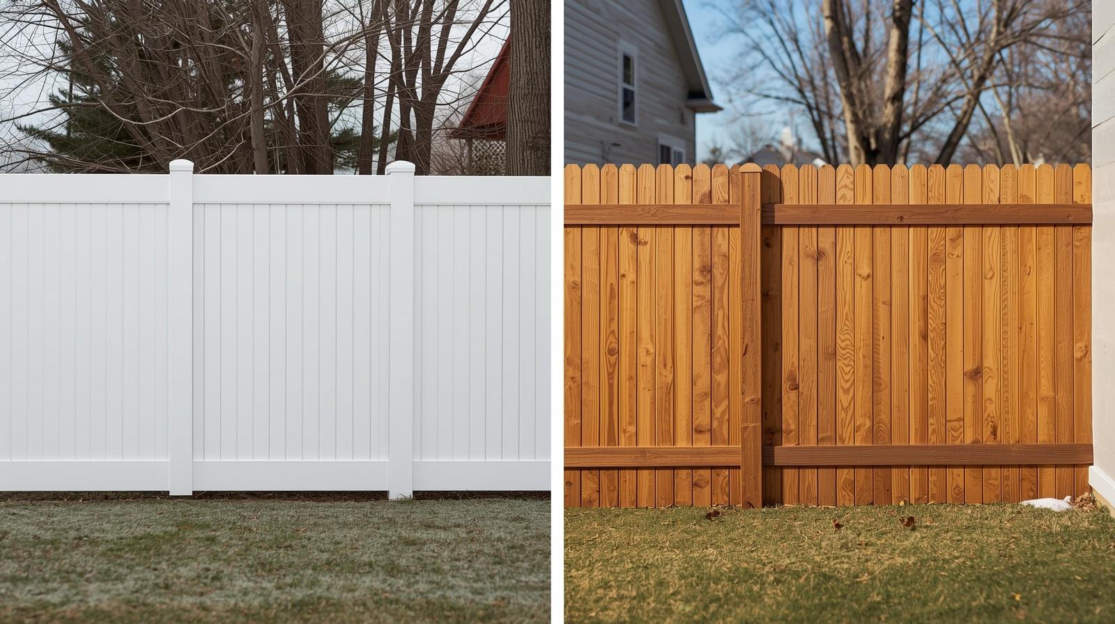 Side-by-side comparison of vinyl fence and wood fence installed in Loves Park IL backyard.