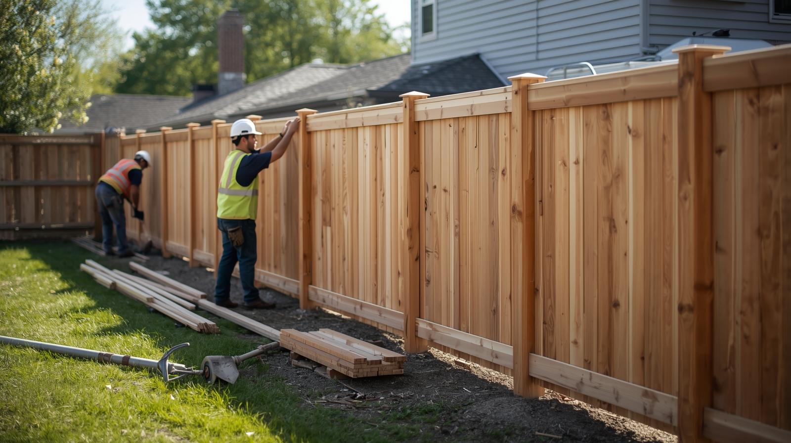 Residential fence installation in Machesney Park IL backyard with contractor installing privacy fence.
