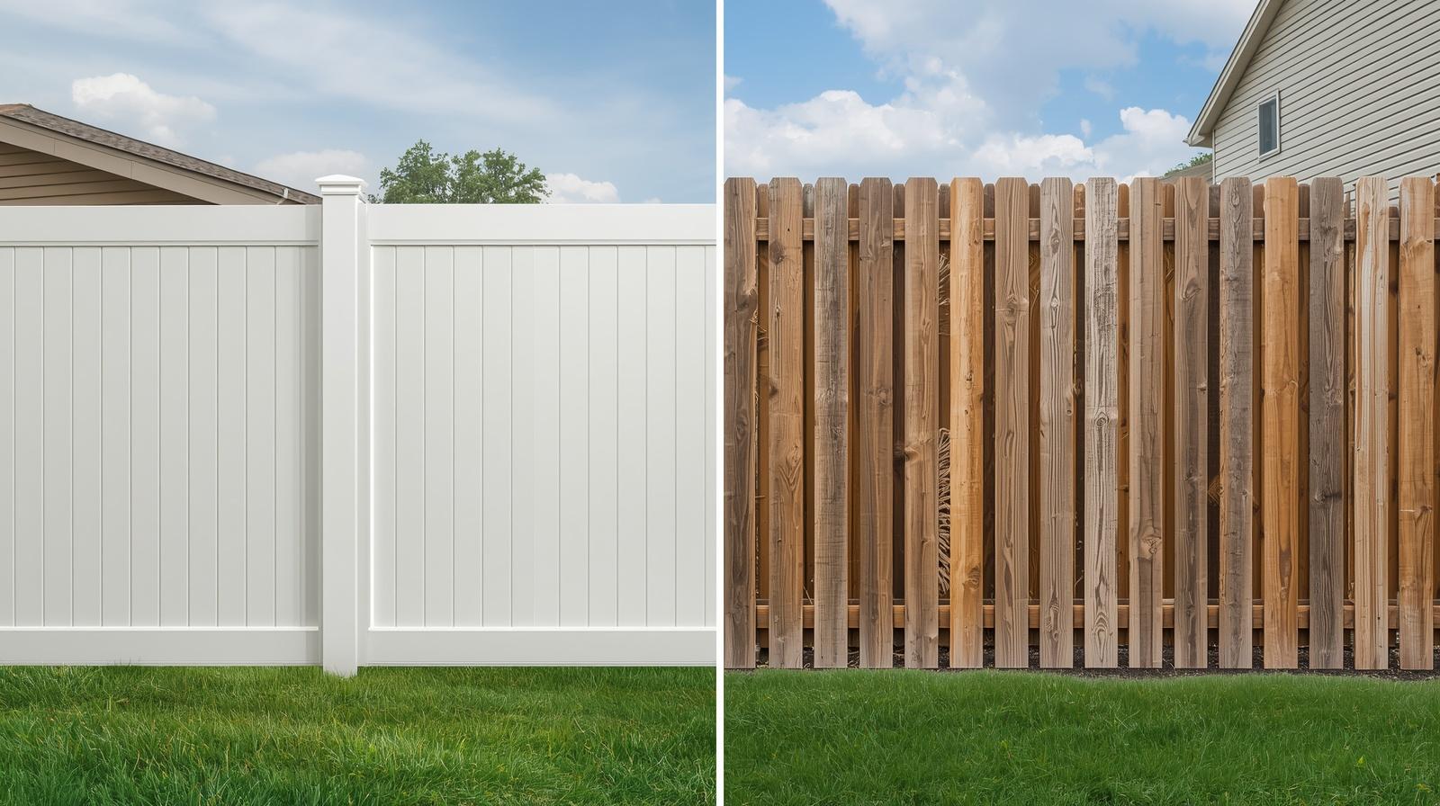 Side by side comparison of vinyl and wood fence in Rockton IL backyard.