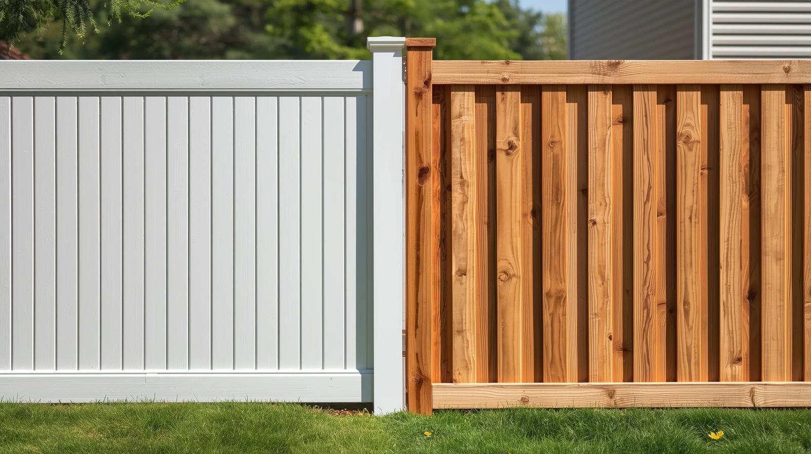 Comparison of vinyl and wood fence in Machesney Park IL residential backyard.