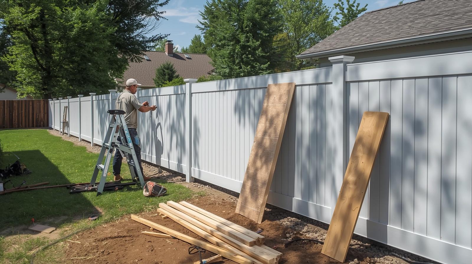 Residential fence installation in Roscoe IL backyard. Residential fence installation in Roscoe IL backyard.