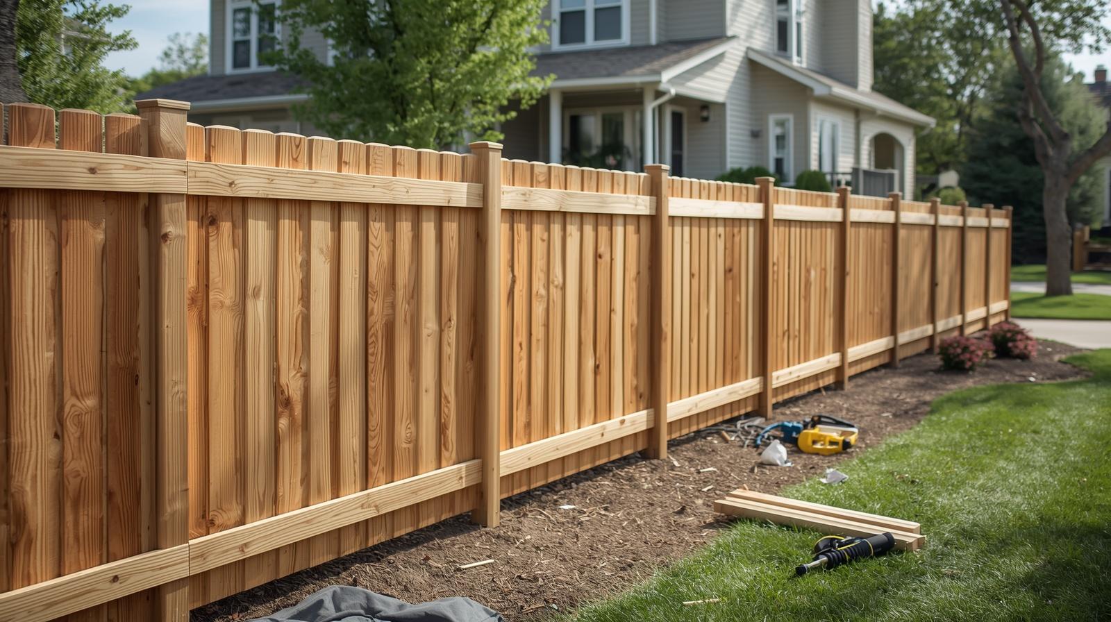 Residential fence installation in South Beloit IL backyard. Residential fence installation in South Beloit IL backyard.
