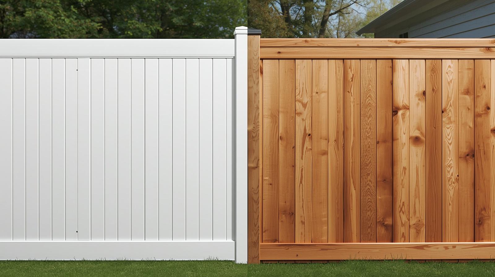 Vinyl and wood fence comparison in Davis Junction IL backyard during winter. Vinyl and wood fence comparison in Davis Junction IL backyard during winter.