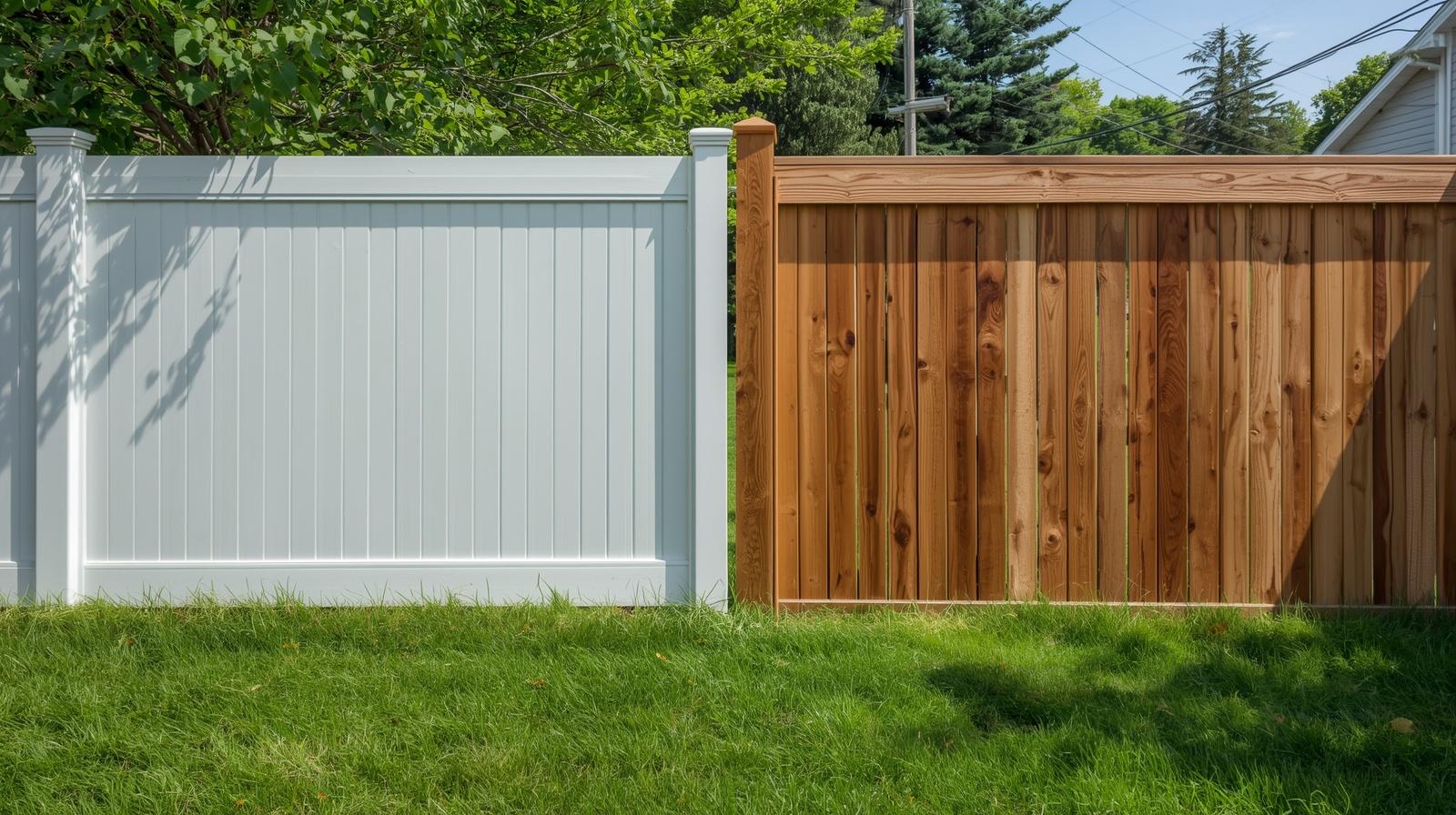 Vinyl and wood fence comparison in Dixon IL backyard. Vinyl and wood fence comparison in Dixon IL backyard.