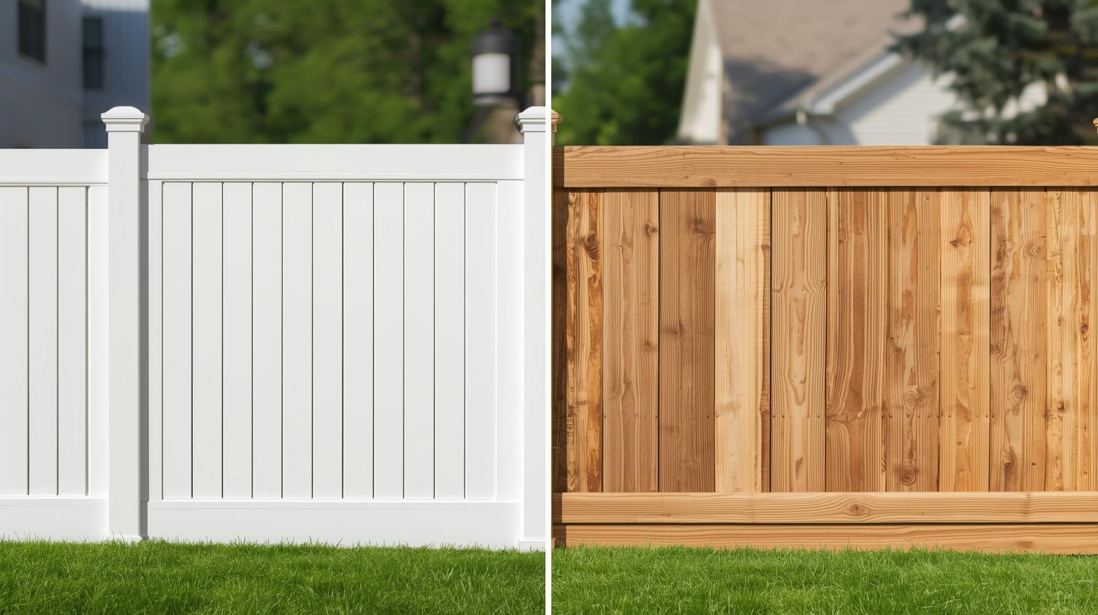 Vinyl and wood fence comparison in Winnebago IL residential yard.