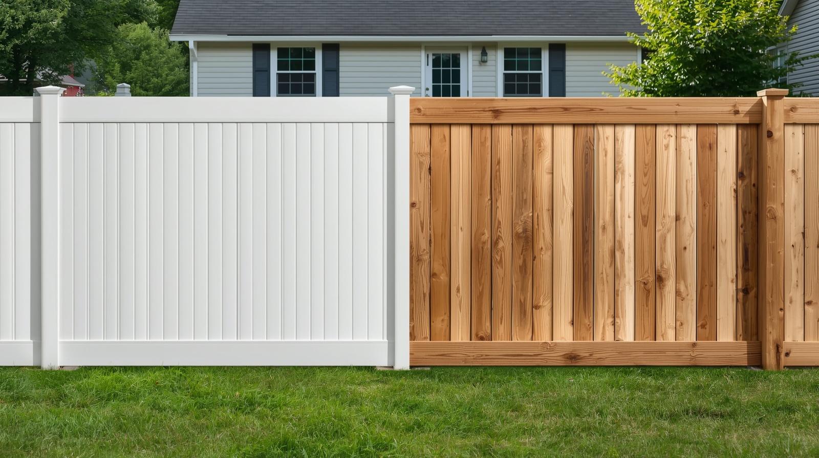 Comparison of vinyl and wood fence in residential yard in Marengo IL.