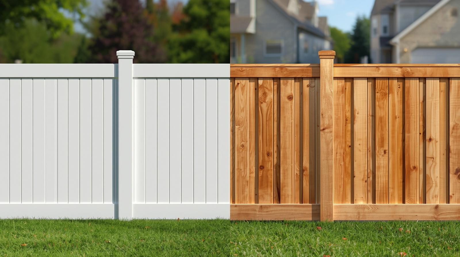 Comparison of vinyl and wood fence in residential yard in Poplar Grove IL.